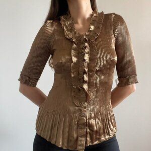 Vintage | Gold Metallic Pleated Plisse Ruffle Button Up Blouse | Size L